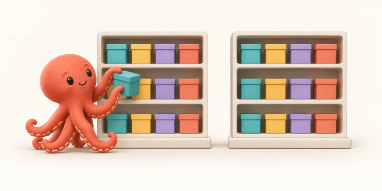 The same data shelves in two settings: operated by our octopus or independently.